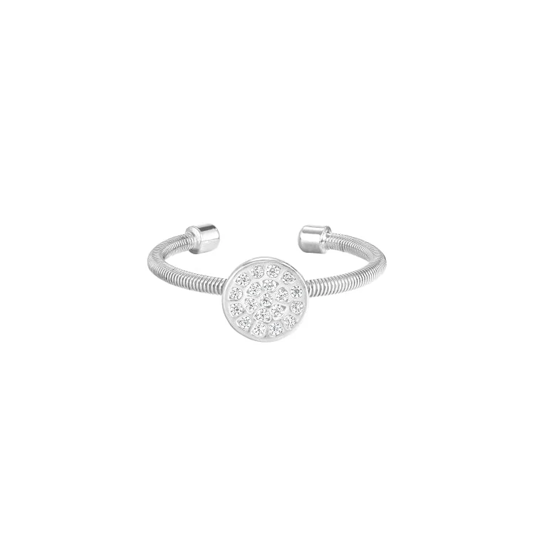 ladies rings gemstone-Rhodium Finish Sterling Silver Cable Cuff One Circle Ring with Simulated Diamonds