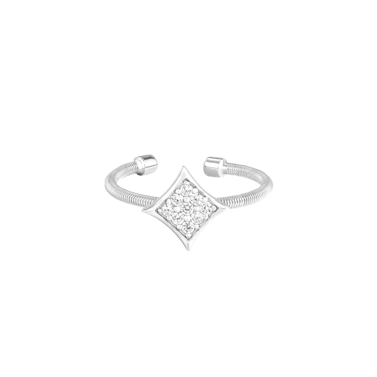 ladies rings adjustable-Rhodium Finish Sterling Silver Cable Cuff Diamond Shaped Ring with Simulated Diamonds