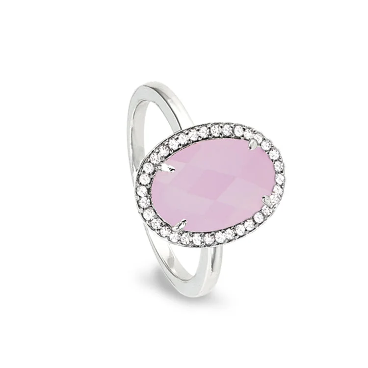 ladies rings birthday-Platinum Finish Sterling Silver Micropave Facet Cut Rose Quartz Ring with Simulated Diamonds