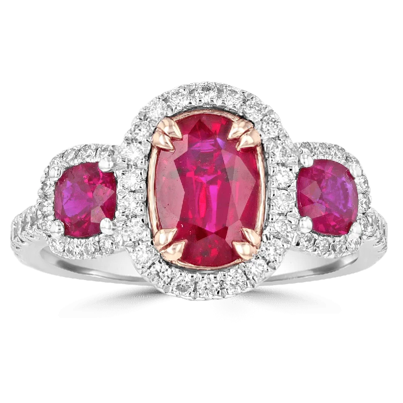 ladies rings 1950s-JULEVE TWO-TONE 2.06 CTW RUBY & .51 CTW DIAMOND 3 STONE HALO RING