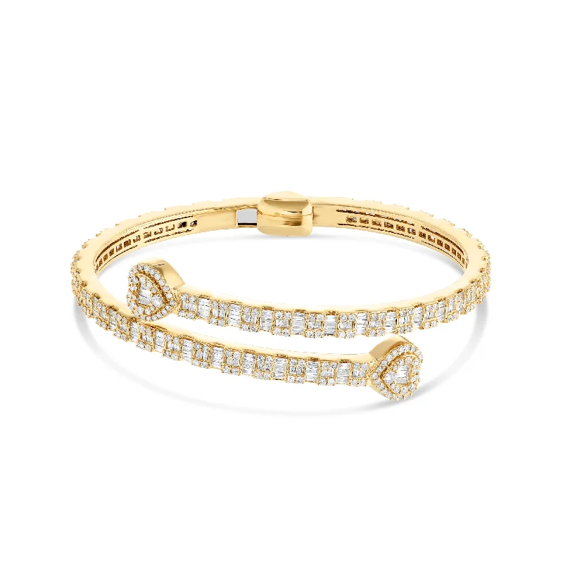 Ladies bracelets princess vibe -Baguette & Round Cut Diamond Open Cuff Heart Bangle Bracelet