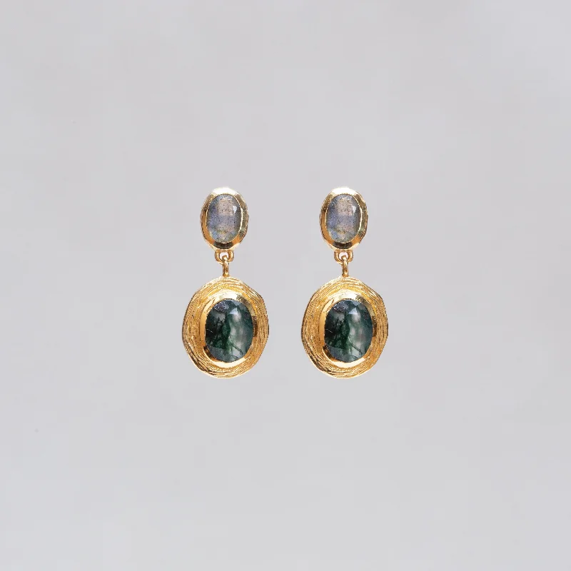 ladies earrings kay-Gold Labradorite and Moss Agate Drop Stud Earrings