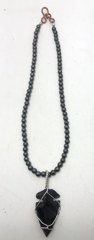 Ladies necklaces promise charm -18 inch 6mm Hematite Beaded necklace with Apache Tear Obsidian Pendant