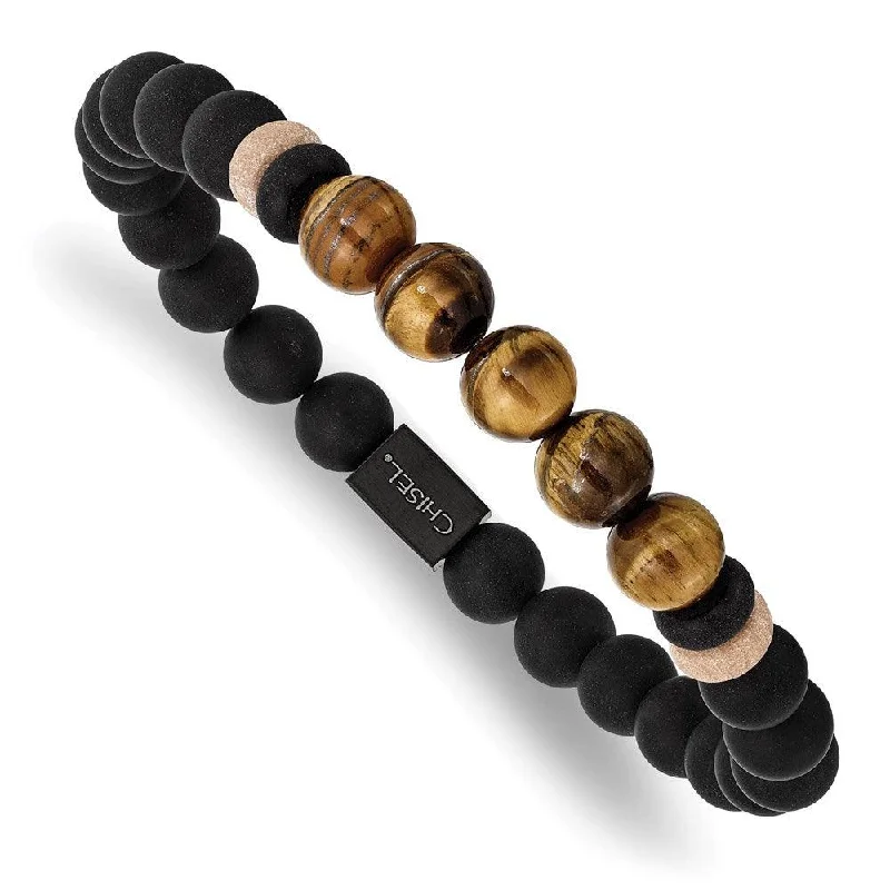 Ladies bracelets lasting beauty -Stainless Steel Brushed Black IP Black Agate/Tiger's Eye Stretch Bracelet