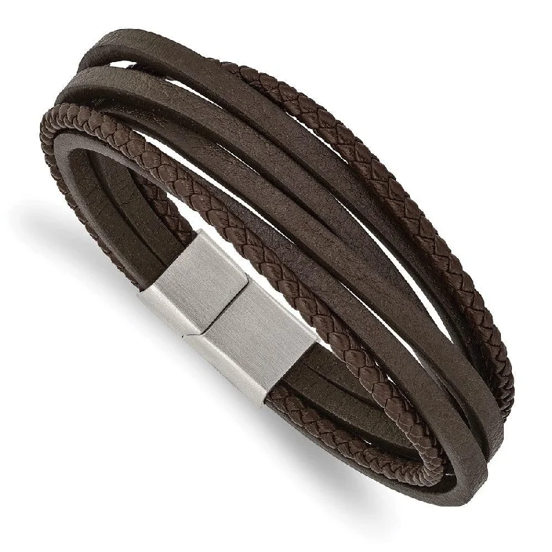 Ladies bracelets renaissance glow -Stainless Steel Brushed Brown Leather Multi Strand 8in Bracelet