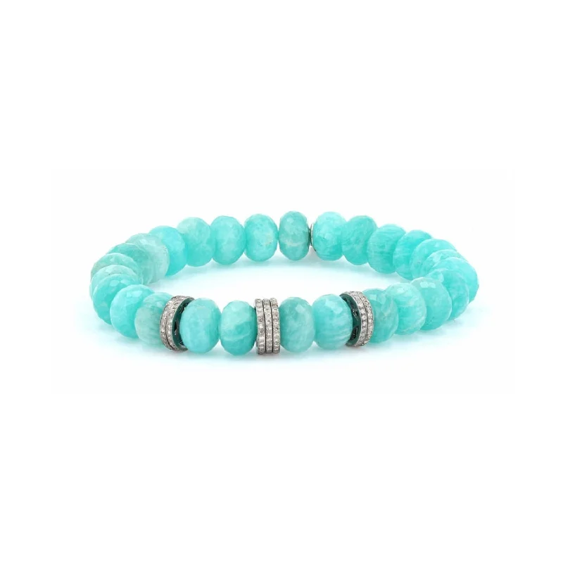 Ladies bracelets palm glow -Amazonite Faceted Bead Bracelet with 7 Pave Diamond Rondelles - 10mm : B0003443