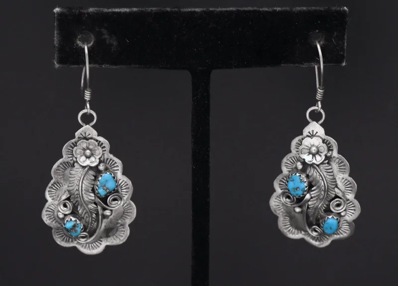 ladies earrings birthday-Vintage Handmade Turquoise and Sterling Silver Dangle Earrings