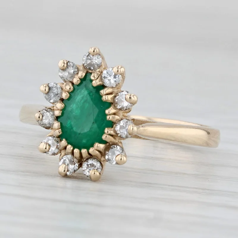 ladies engagement rings 1950s-0.89ctw Pear Emerald Diamond Halo Ring 14k Yellow Gold Size 6.75 Engagement