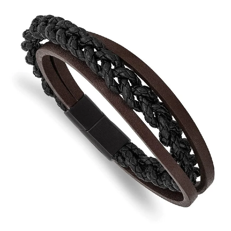 Ladies bracelets alexandrite glow -Stainless Steel Brushed Black IP Multi Strand Black/Brown Leather Bracelet