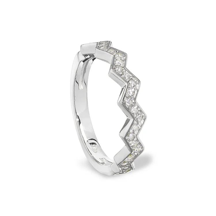 ladies rings yellow gold-Platinum Finish Sterling Silver Micropave Ups and Downs Ring with Simulated Diamonds