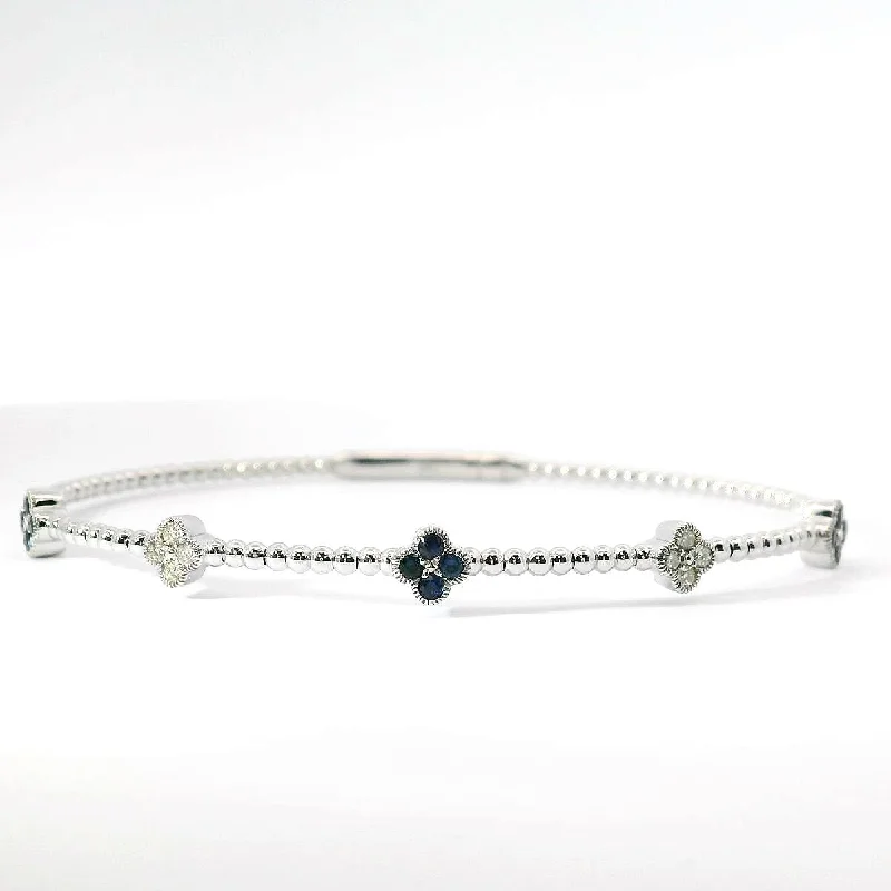 Ladies bracelets triple bead charm -14K White Gold Flexible Natural Diamond and Sapphire Bangle Bracelet