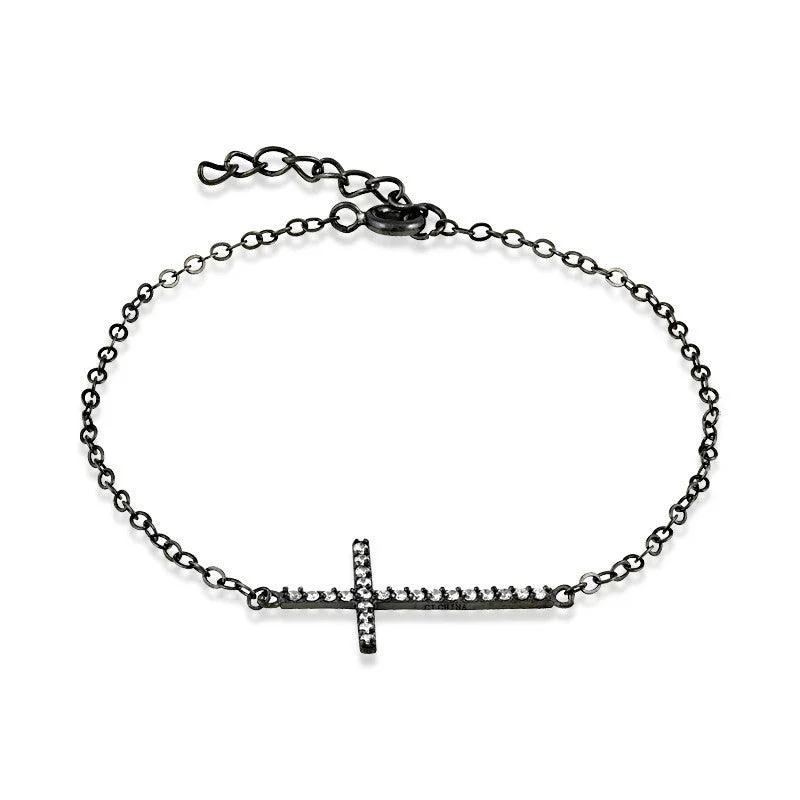 Ladies bracelets turkish shine -Sterling Silver Black Rhodium CZ Sideways Cross Bracelet, 7"