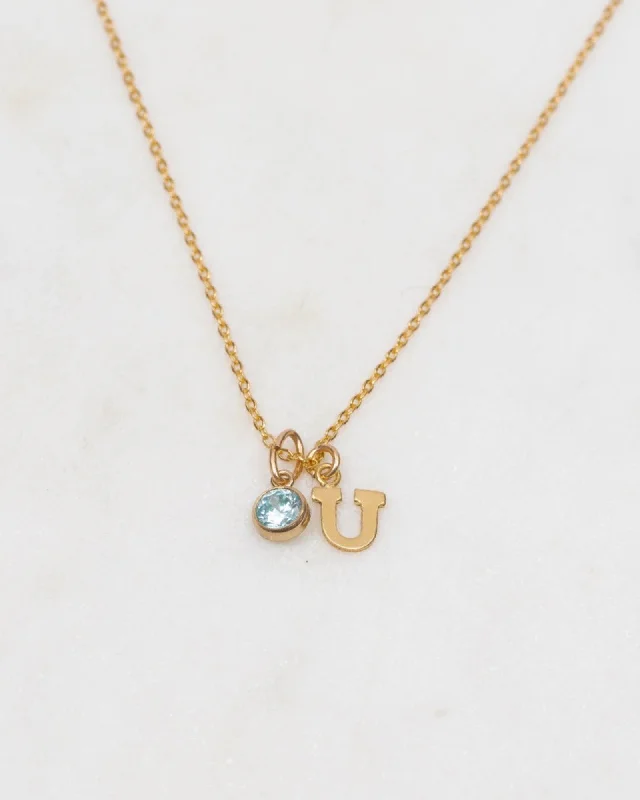 Ladies necklaces wood drop -Initial U with Birthstone Necklace