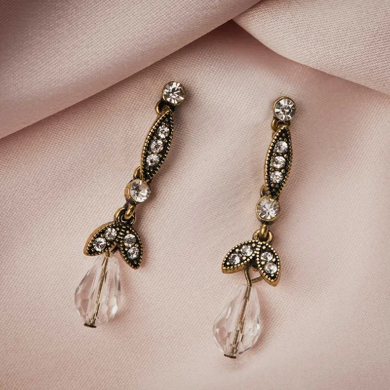 ladies earrings prices-Diamante Drop Earrings: Lula Crystal Glass Drop Earrings on antique brass