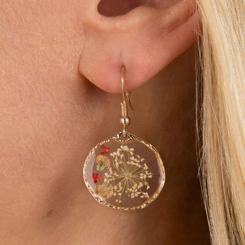 ladies earrings sentimental-Red Pressed Flower Drop Earrings: Flower dangle earrings