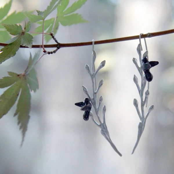 ladies earrings long-Birds Sitting on Long Leaves Earrings