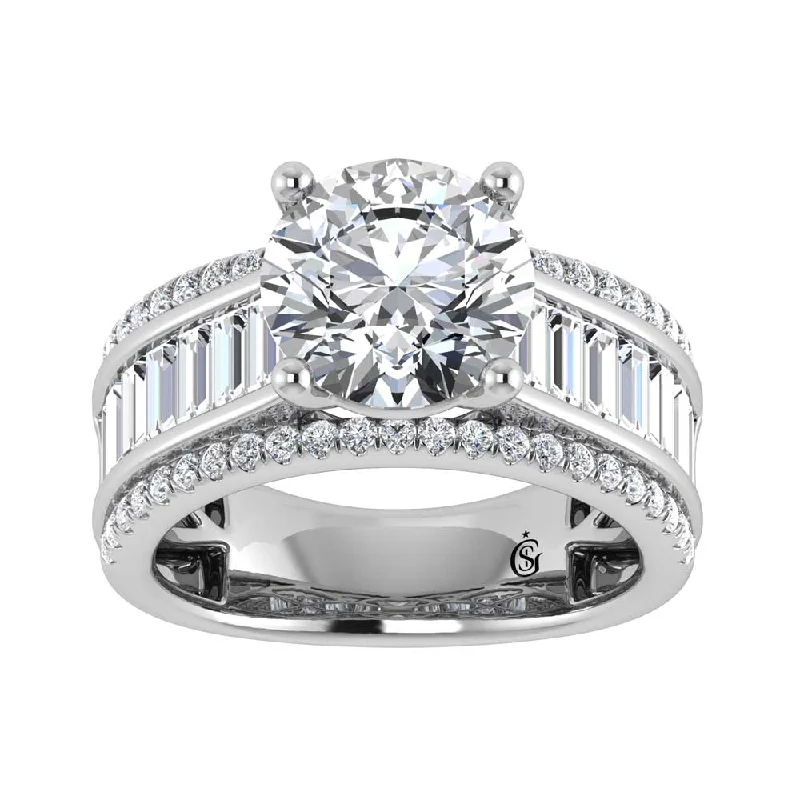 ladies engagement rings tension-14K White Gold Lab Grown Diamond 4 1/3 Ct.Tw. Round and Baguette Shank Engagement Ring (Round Center)