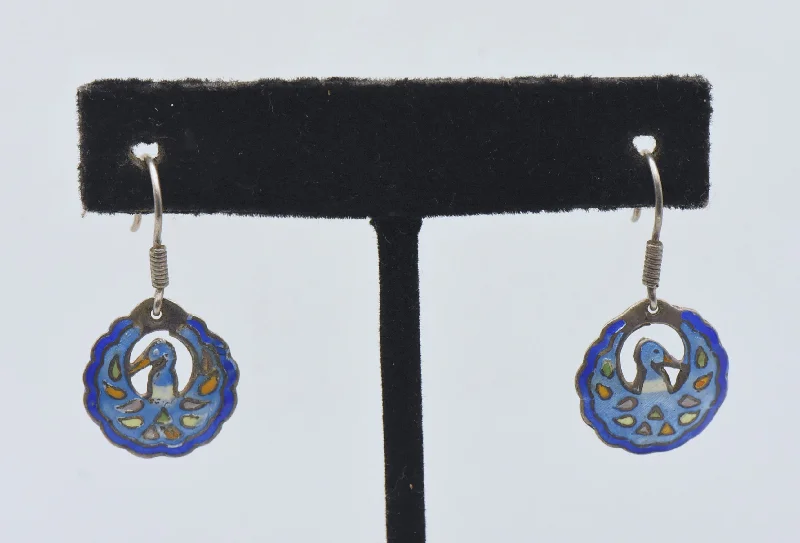 ladies earrings gold-Vintage Sterling Silver Enameled Bird Motif Dangle Earrings