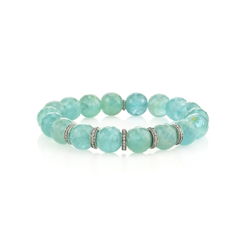 Ladies bracelets mother glow -Aquamarine Beaded Bracelet with 5 Diamond Rondelles - 10mm B0001894