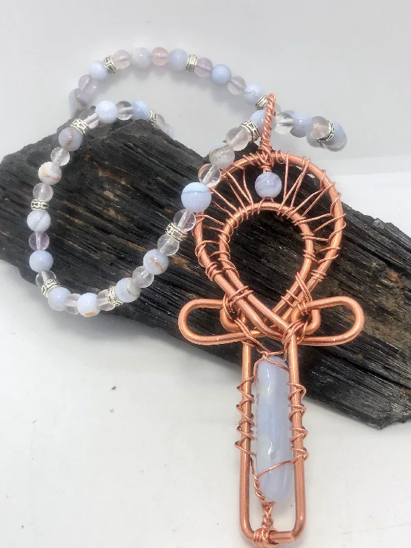 Ladies necklaces sister shine -17 inch Blue Lace Agate and Crystal Necklace wIth Akh Pendant Copper Necklace