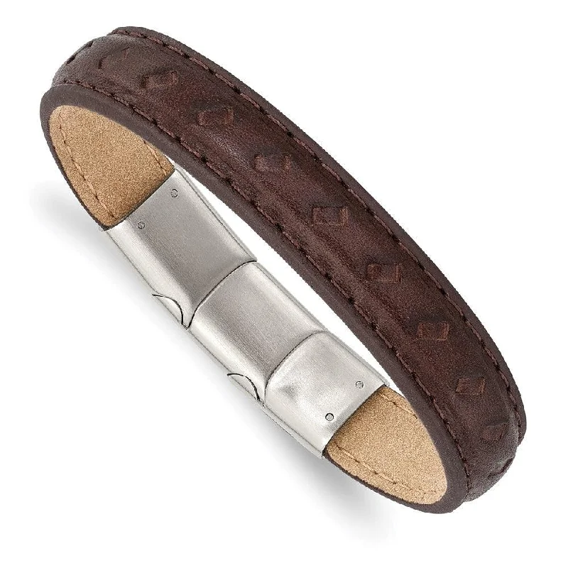 Ladies bracelets uncut charm -Stainless Steel Polished Brown Leather w/.5in ext 7.75in Bracelet