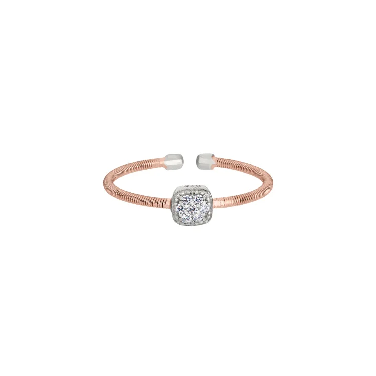 ladies rings spring-Rose Gold Finish Sterling Silver Single Cable Cuff Ring with Rhodium Finish Simulated Diamonds