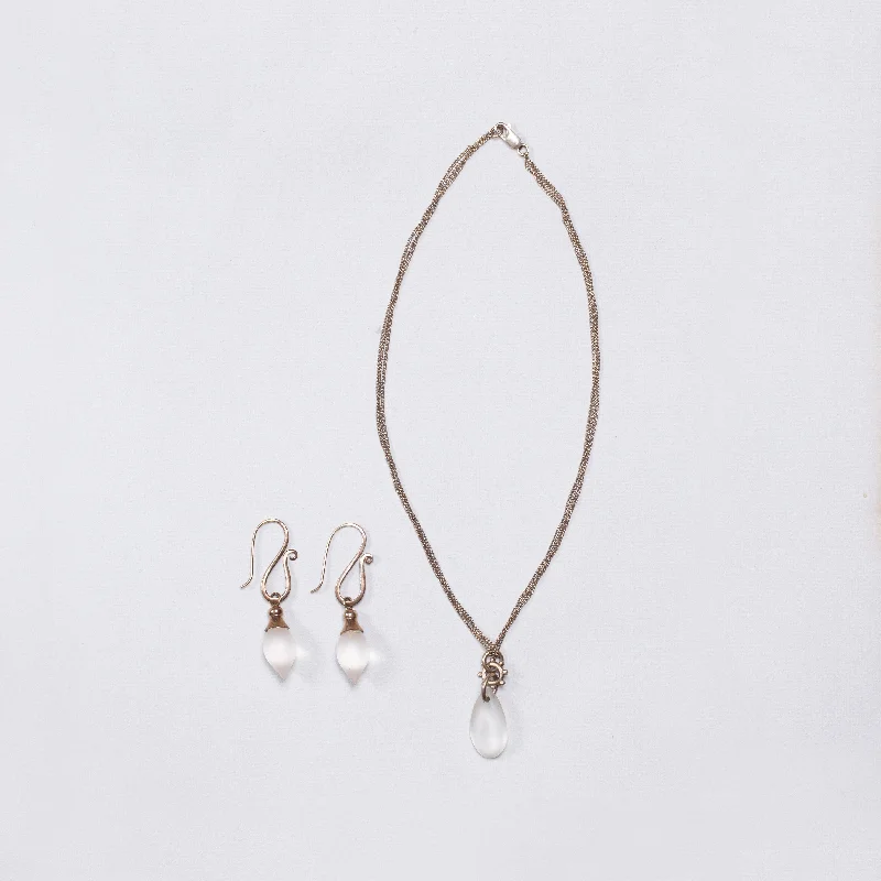 ladies earrings drop-Set of Silver Necklace and Earrings with Frosted Glass