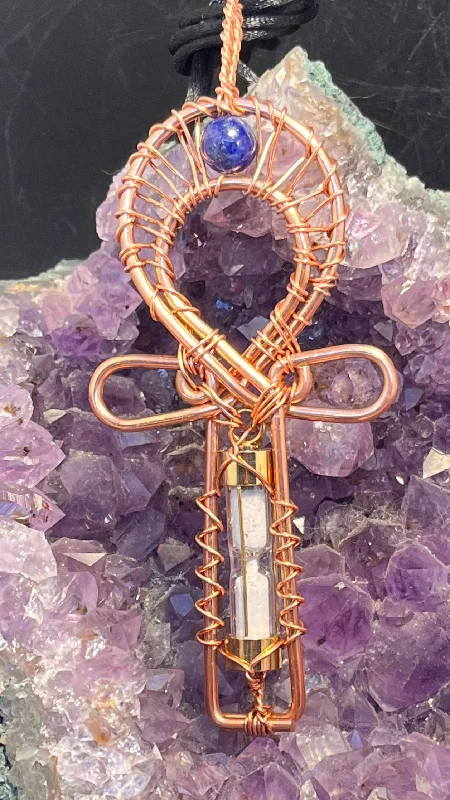 Ladies necklaces black gem -Remembrance Urn Memorial Copper Ankh Wirewrapped Pendant Necklace Gold or Rose Gold