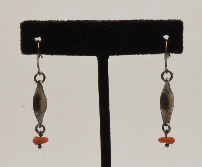 ladies earrings bold statement-Vintage Silver Helix Red Coral Dangle Earrings