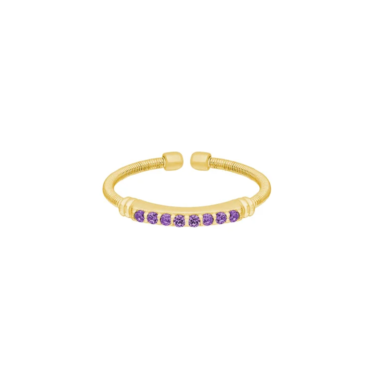 ladies rings large-Gold Finish Sterling Silver Cable Cuff Ring with Simulated Amethyst Birth Gems - February