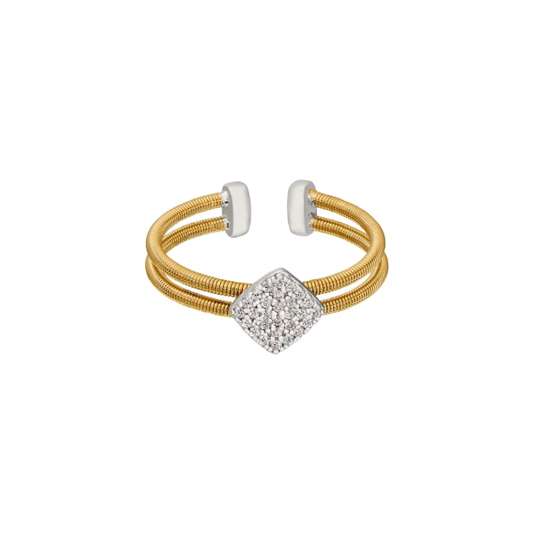 ladies rings baguette-Gold Finish Sterling Silver Two Cable Cuff Ring with Rhodium Finish Simulated Diamond Large Diamond Shape