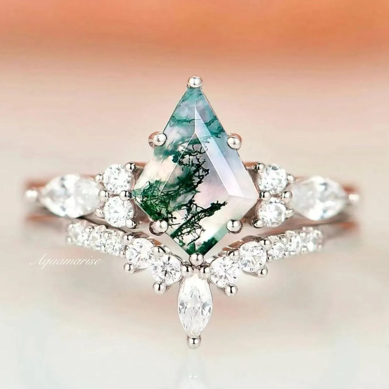 ladies engagement rings purple-Skye Kite™  Green Moss Agate Engagement Ring Set- 14K White Gold