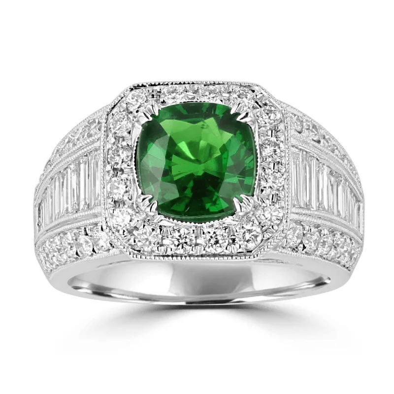 ladies rings bold design-Juleve 18KT 1.87 CT Tsavorite & 1.48 CTW Diamond Asscher Halo Ring