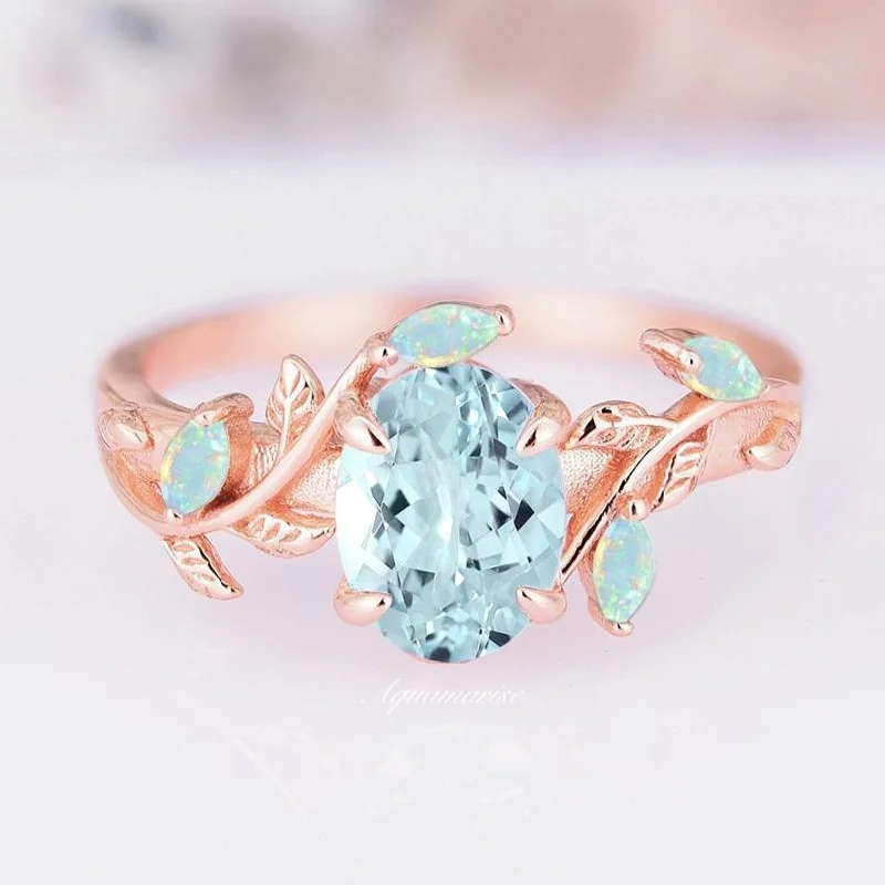 ladies engagement rings trillion-Aquamarine & Australian Opal Leaf Engagement Ring- 14K Rose Gold Vermeil