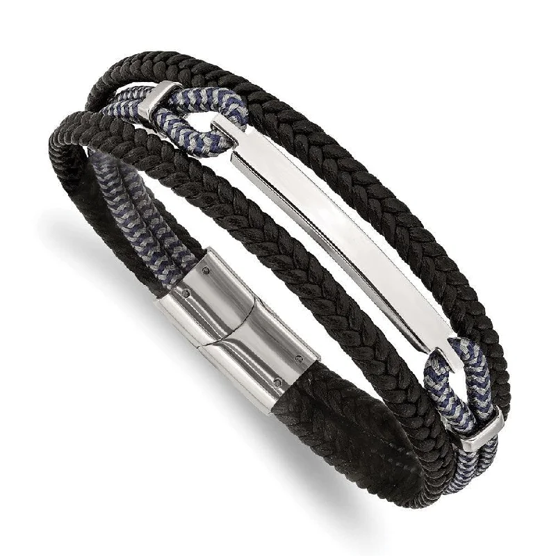 Ladies bracelets bezel shine -Stainless Steel Polished Leather and Cotton Multi Strand 8.25in ID Bracelet