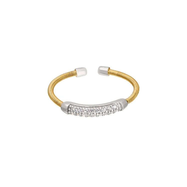 ladies rings summer-Gold Finish Sterling Silver Single Cable Cuff Ring with Rhodium Finish Double Row Simulated Diamonds