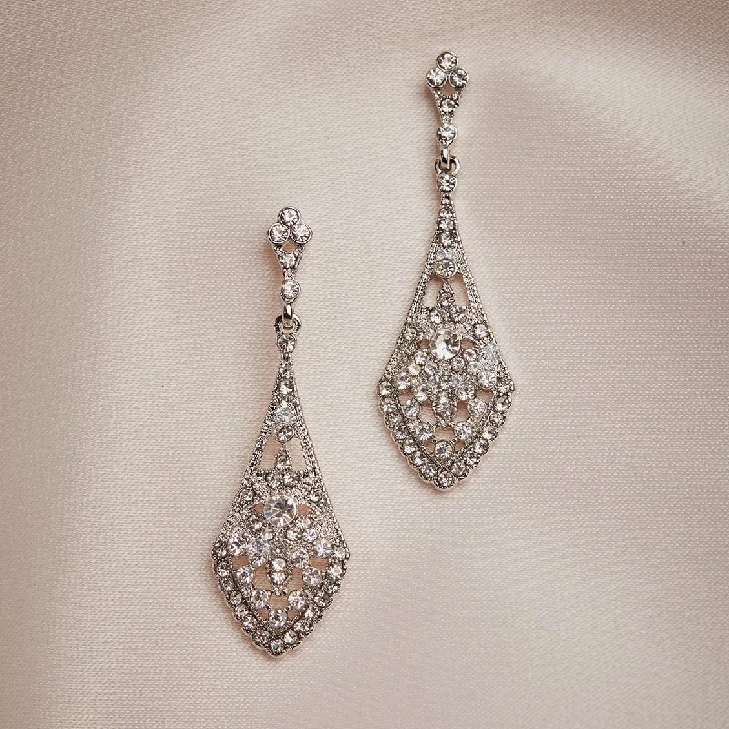 ladies earrings winter-Art Deco Crystal Earrings: Deco Diamante Long Drop Earrings