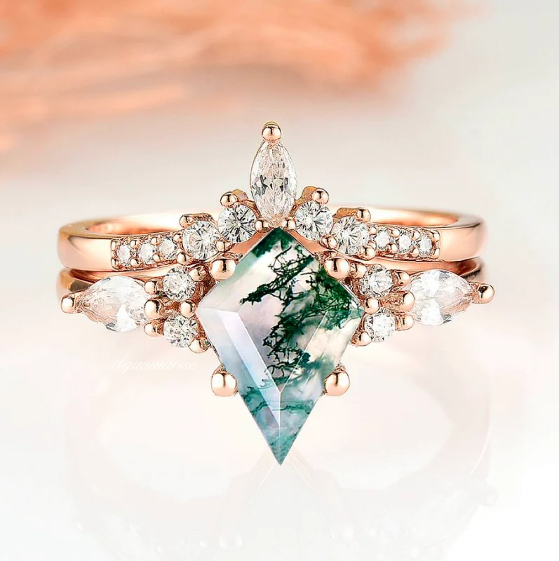 ladies engagement rings intricate-Skye Kite™  Green Moss Agate Engagement Ring Set- 14K Solid Rose Gold