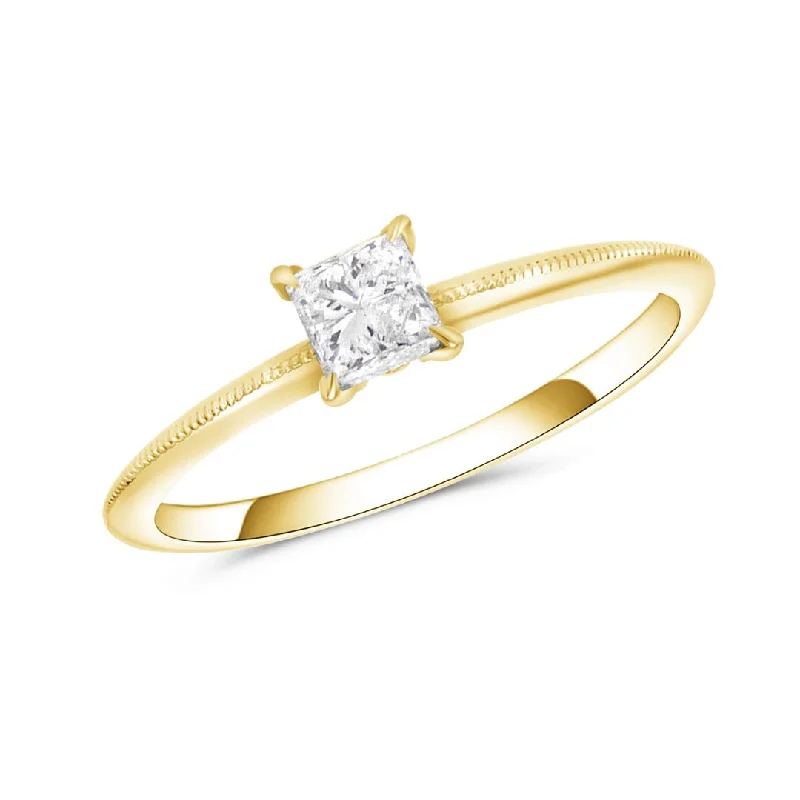 ladies engagement rings subtle elegance-0.36 CT Princess Diamond Milgrain Solitaire 14K Yellow Gold Engagement Ring