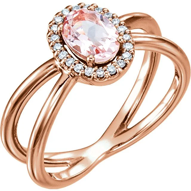 ladies rings statement-14KT GOLD MORGANITE & DIAMOND CRISS CROSS HALO RING