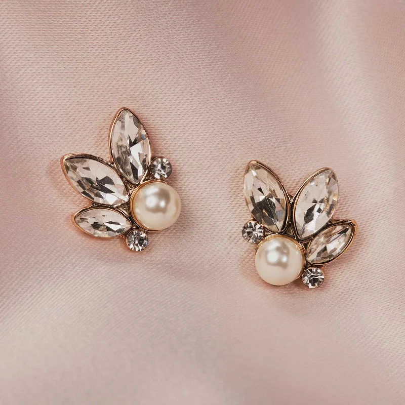 ladies earrings online shop-Vintage Crystal Earrings: Leaf And Pearl Stud Earrings