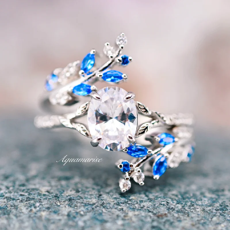 ladies engagement rings onyx-Blue Sapphire & Diamond (cz) Engagement Leaf Ring Set- 925 Sterling Silver