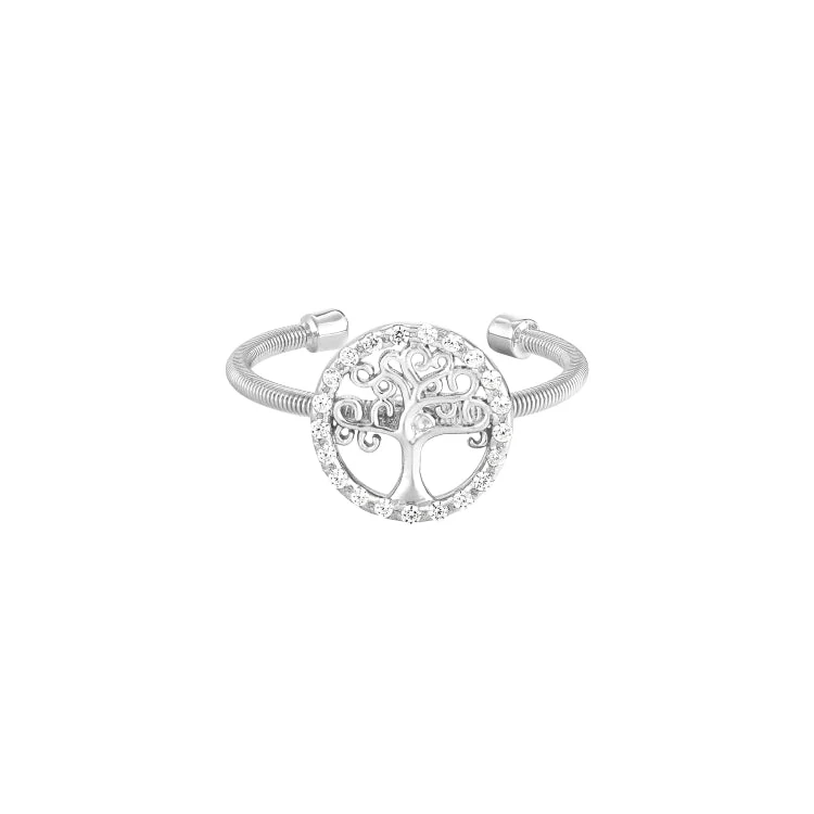 ladies rings extravagant-Rhodium Finish Sterling Silver Cable Cuff Tree Ring with Simulated Diamonds