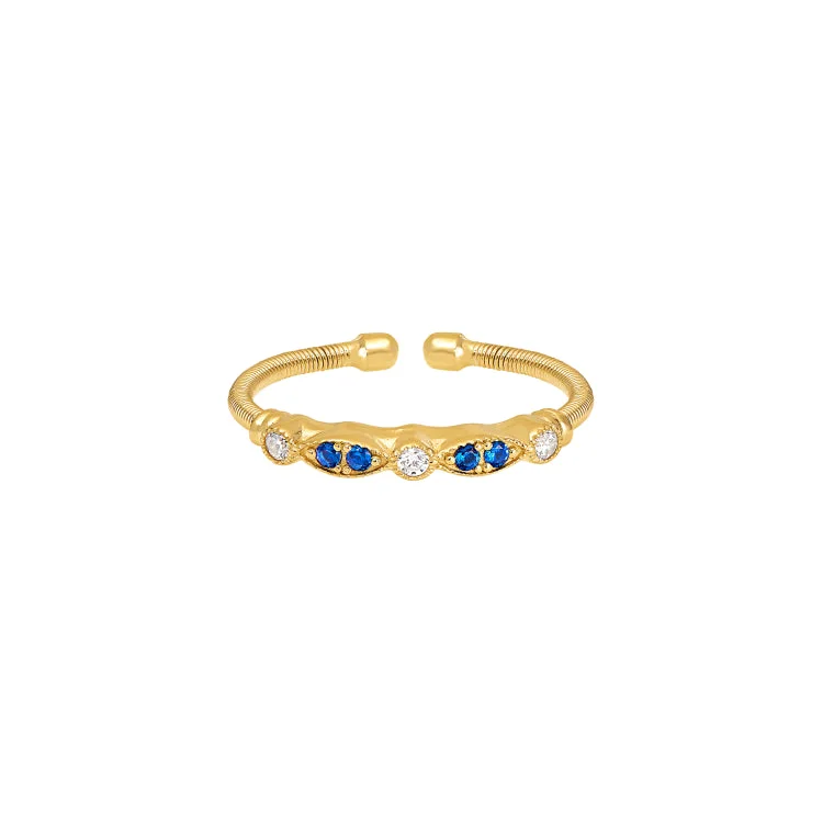 ladies rings smooth-Gold Finish Sterling Silver Cable Cuff Ring with Simulated Blue Sapphire and Simulated Diamond Marquis & Round Design