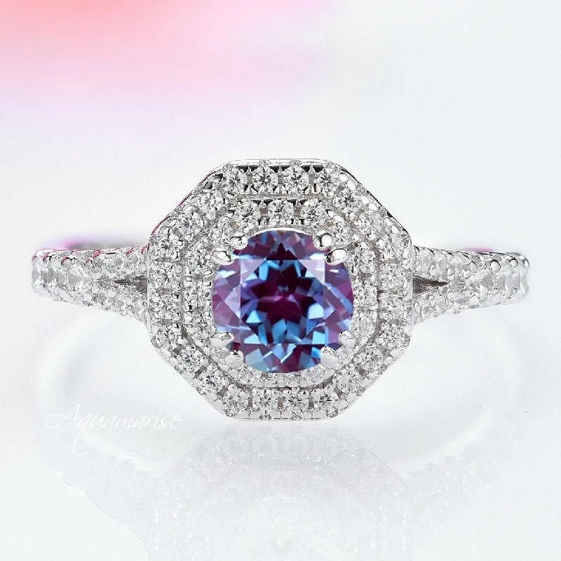 ladies engagement rings yellow gold-Hexagon Teal & Purple Alexandrite Engagement Ring- 14K White Gold