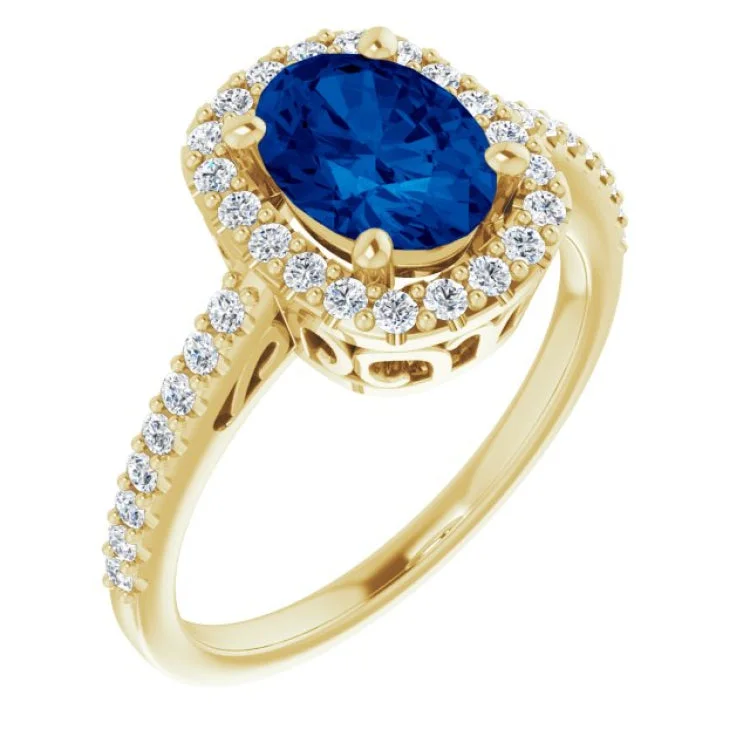 ladies rings bohemian-14K Yellow Lab-Grown Blue Sapphire & 1/3 CTW Natural Diamond Ring