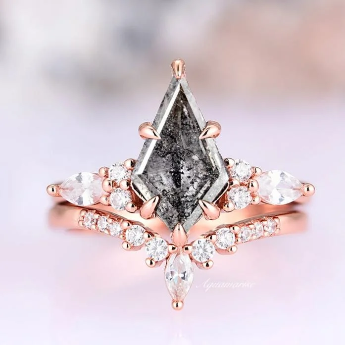 ladies engagement rings near me-Skye Kite™  Salt & Pepper Diamond (Herkimer Diamond) Engagement Ring Set- 14K Solid Rose Gold