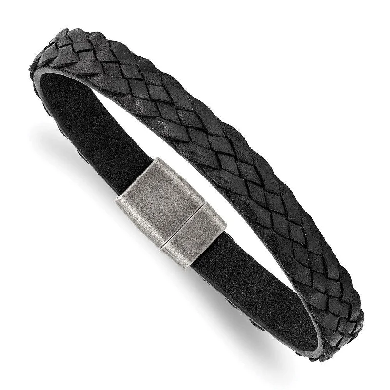 Ladies bracelets timeless appeal -Stainless Steel Antiqued Black Braided Leather 8.25in Bracelet