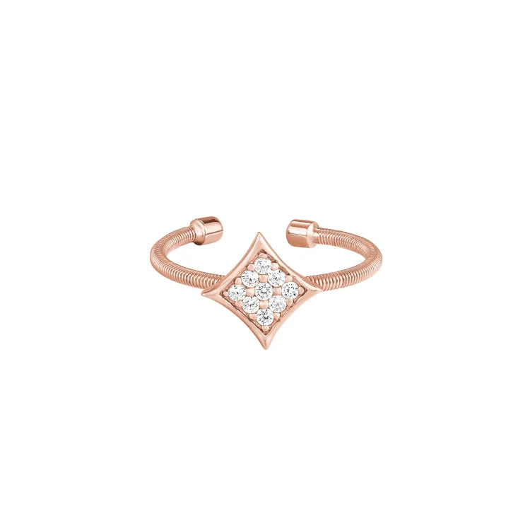 ladies rings conversation piece-Rose Gold Finish Sterling Silver Cable Cuff Diamond Shaped Ring with Simulated Diamonds