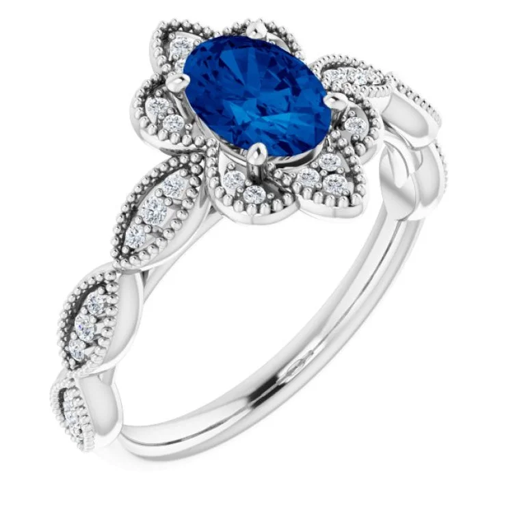 ladies rings trilogy-Platinum Lab-Grown Blue Sapphire & 1/8 CTW Natural Diamond Ring